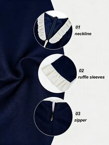 NOVVYNE Women's Spring/Summer Knitted Black Long Sleeve Patchwork Woven Ruffle Waist A-Line Elegant Romantic Mid-Length Dress - Navy Blue - View 9