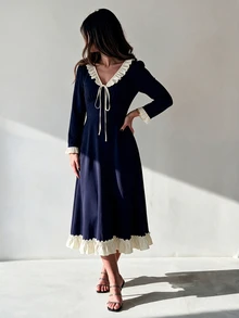 NOVVYNE Women's Spring/Summer Knitted Black Long Sleeve Patchwork Woven Ruffle Waist A-Line Elegant Romantic Mid-Length Dress - Navy Blue - View 8