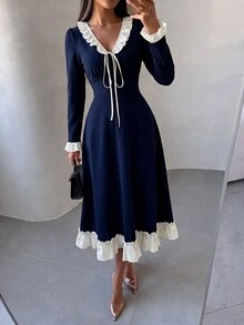 NOVVYNE Women's Spring/Summer Knitted Black Long Sleeve Patchwork Woven Ruffle Waist A-Line Elegant Romantic Mid-Length Dress - Navy Blue - View 7