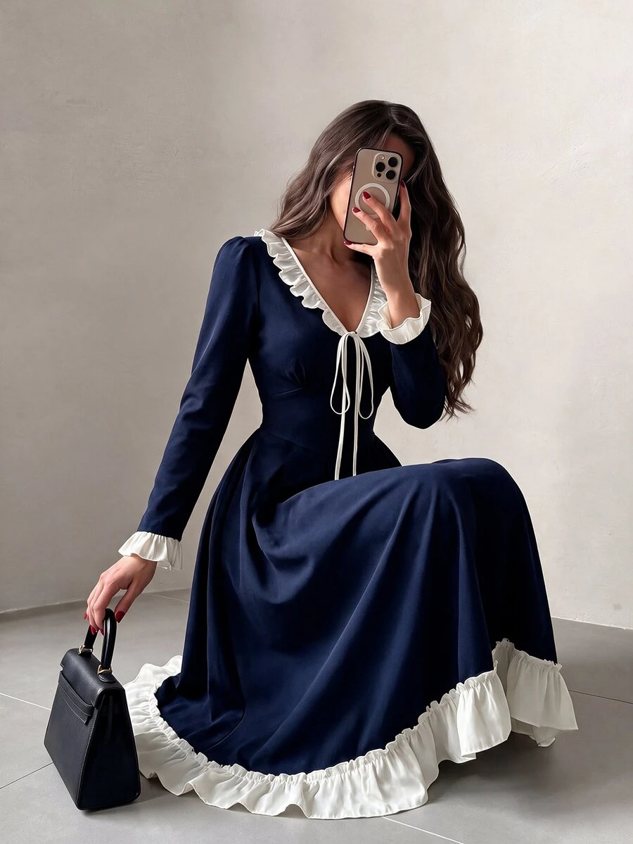 NOVVYNE Women's Spring/Summer Knitted Black Long Sleeve Patchwork Woven Ruffle Waist A-Line Elegant Romantic Mid-Length Dress - Navy Blue - View 1