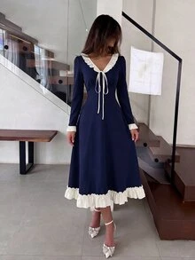 NOVVYNE Women's Spring/Summer Knitted Black Long Sleeve Patchwork Woven Ruffle Waist A-Line Elegant Romantic Mid-Length Dress - Navy Blue - View 4