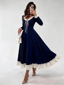 NOVVYNE Women's Spring/Summer Knitted Black Long Sleeve Patchwork Woven Ruffle Waist A-Line Elegant Romantic Mid-Length Dress - Navy Blue - View 5
