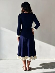 NOVVYNE Women's Spring/Summer Knitted Black Long Sleeve Patchwork Woven Ruffle Waist A-Line Elegant Romantic Mid-Length Dress - Navy Blue - View 2