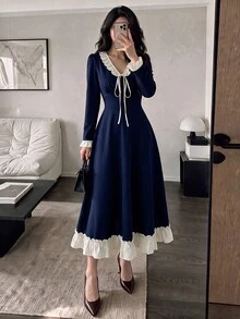 NOVVYNE Women's Spring/Summer Knitted Black Long Sleeve Patchwork Woven Ruffle Waist A-Line Elegant Romantic Mid-Length Dress - Navy Blue - View 6