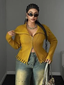 Maweii كارديجان قصير عصري للنساء بمقاسات كبيرة من فرو المنك بتصميم كتل لونية - أصفر - مشاهدة 5
