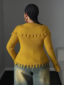 Maweii كارديجان قصير عصري للنساء بمقاسات كبيرة من فرو المنك بتصميم كتل لونية - أصفر - مشاهدة 3