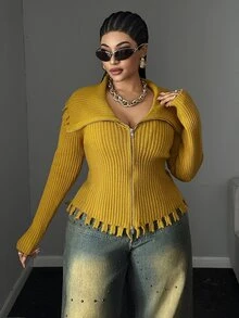 Maweii كارديجان قصير عصري للنساء بمقاسات كبيرة من فرو المنك بتصميم كتل لونية - أصفر - مشاهدة 7