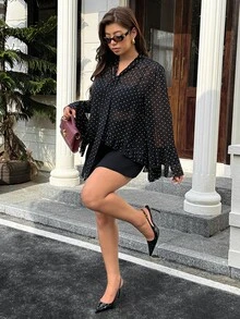 Vionelle Plus Size Chiffon Polka Dot Elegant Lady V-Neck Ribbon Bow Long Sleeve Bell Sleeve Ruffle Semi-Sheer Women Blouse - Black - View 6