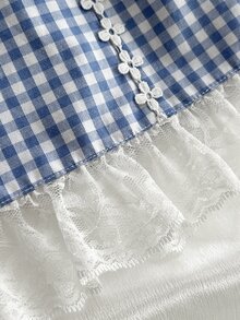 Elamini Gaun Lengan Panjang Model A-Line Slim Fit dengan Motif Kotak-kotak Patchwork 2 in 1, Ikat Pinggang Renda, dan Hiasan Renda. Estetika Murni yang Manis - Biru - View 3