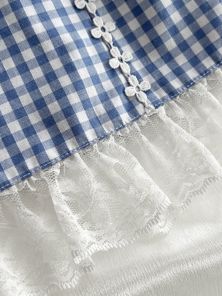 Elamini Gaun Lengan Panjang Model A-Line Slim Fit dengan Motif Kotak-kotak Patchwork 2 in 1, Ikat Pinggang Renda, dan Hiasan Renda. Estetika Murni yang Manis - Biru - View 3