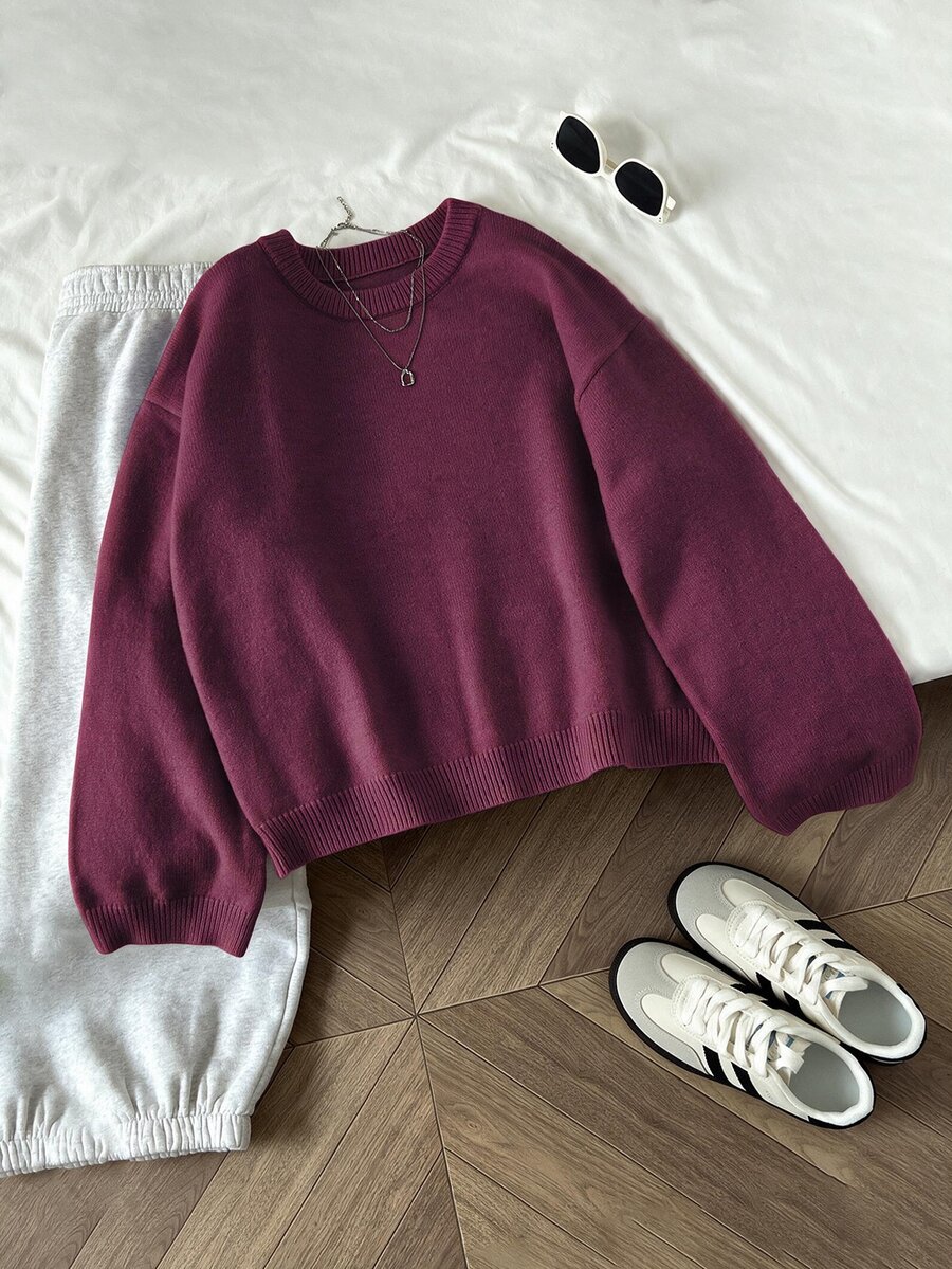 Elamini Women's Solid Color Round Neck Long Sleeve Casual Pullover Sweater - Bold Plum - View 1