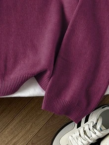 Elamini Women's Solid Color Round Neck Long Sleeve Casual Pullover Sweater - Bold Plum - View 5