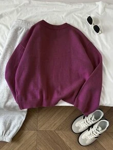 Elamini Women's Solid Color Round Neck Long Sleeve Casual Pullover Sweater - Bold Plum - View 2