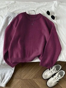 Elamini Women's Solid Color Round Neck Long Sleeve Casual Pullover Sweater - Bold Plum - View 7