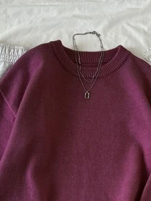 Elamini Women's Solid Color Round Neck Long Sleeve Casual Pullover Sweater - Bold Plum - View 3
