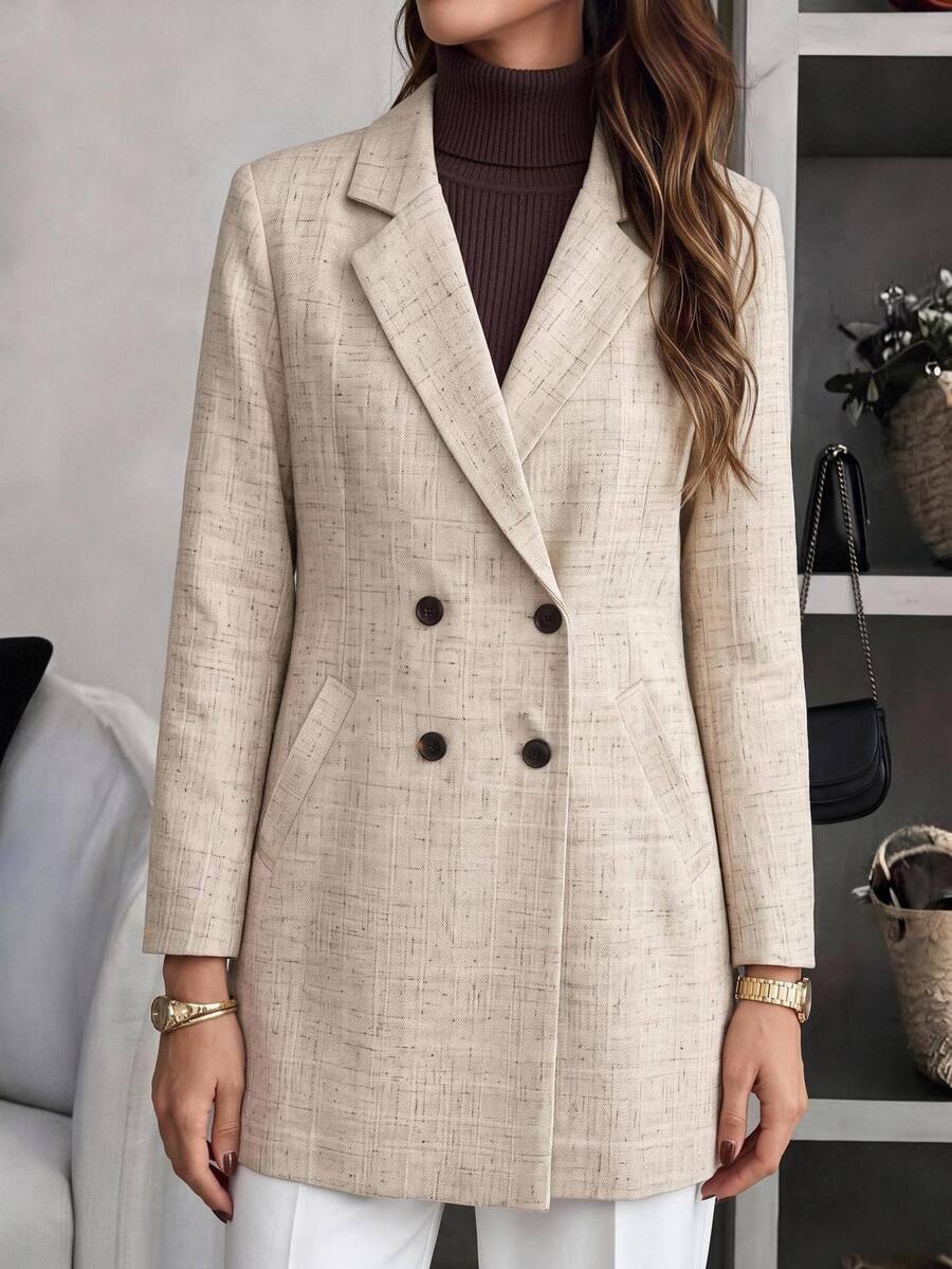 Rusticease Women's Lapel NeckLong Sleeve Double-Breasted Casual Elegant Overcoat Autumn Business Office Beige