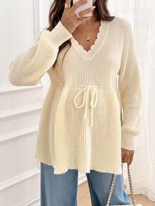SHEIN Maternity Soft Style Comfortable Drawstring Tie Long Sleeve Sweater - Apricot - View 6