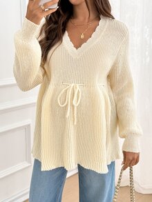 SHEIN Maternity Soft Style Comfortable Drawstring Tie Long Sleeve Sweater - Apricot - View 2