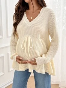 SHEIN Maternity Soft Style Comfortable Drawstring Tie Long Sleeve Sweater - Apricot - View 3
