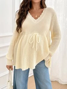 SHEIN Maternity Soft Style Comfortable Drawstring Tie Long Sleeve Sweater - Apricot - View 5