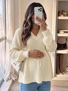 SHEIN Maternity Soft Style Comfortable Drawstring Tie Long Sleeve Sweater - Apricot - View 1