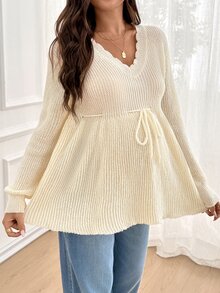 SHEIN Maternity Soft Style Comfortable Drawstring Tie Long Sleeve Sweater - Apricot - View 4