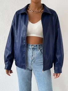 SHEIN EZwear 秋冬款落肩拉鍊PU短版皮夾克 - 藏蓝色 - 查看 4
