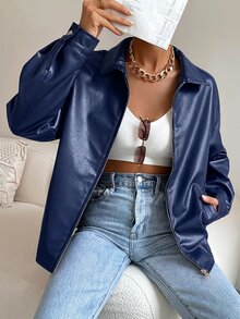 SHEIN EZwear 秋冬款落肩拉鍊PU短版皮夾克 - 藏蓝色 - 查看 5