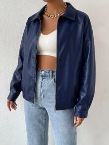SHEIN EZwear 秋冬款落肩拉鍊PU短版皮夾克 - 藏蓝色 - 查看 6