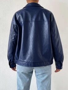 SHEIN EZwear 秋冬款落肩拉鍊PU短版皮夾克 - 藏蓝色 - 查看 2