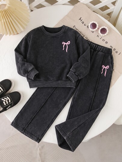 Girls' Casual Knit Denim 2 Pieces Set, Pink Bow Print Crew Neck Sweatshirt And Wide Leg Straight Long Pants, Autumn/Winter Young Girl School Casual Outfit