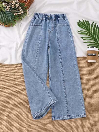 SHEIN Vintaside Kids Celana Panjang Denim Wanita Model Lebar dan Lurus, Denim Biru Sedang, Pinggang Elastis untuk Kenyamanan, Saku Depan dan Belakang, Dekorasi Jahitan Vertikal di Bagian Depan, Cocok untuk Semua Musim, Dapat Dipadukan dengan Kaos Lengan Pendek, Kemeja atau Pakaian Rajut Tipis, Cocok untuk Perjalanan Sehari-hari, Kampus, Belanja dan Acara Kasual Lainnya