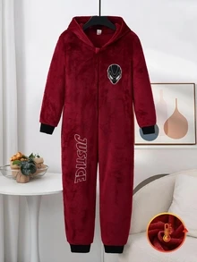 Jumpsuit Terusan Fleece Lengan Panjang Warna Burgundy Bordir 3D Kepala & Kata untuk Anak Laki-Laki - Burgundy - View 5