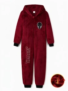 Jumpsuit Terusan Fleece Lengan Panjang Warna Burgundy Bordir 3D Kepala & Kata untuk Anak Laki-Laki - Burgundy - View 6