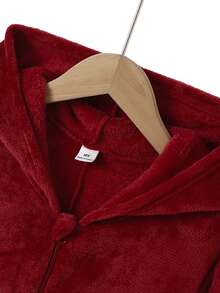 Jumpsuit Terusan Fleece Lengan Panjang Warna Burgundy Bordir 3D Kepala & Kata untuk Anak Laki-Laki - Burgundy - View 4