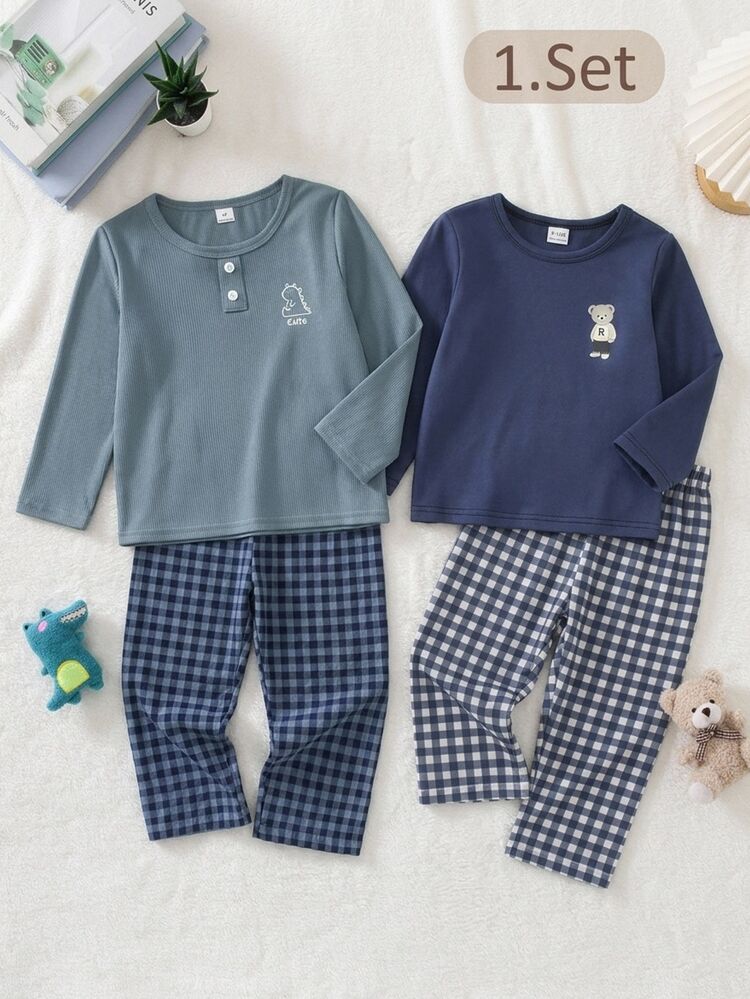 SHEIN Vintaside Kids Boys' Fashion Classic Minimalist Casual Daily Comfortable Home Premium Soft Skin-Friendly Knitted Ribbed Solid Light Grey-Green Fabric Crew Neck Long Sleeve Top With Woven Green & White Plaid Beige Fabric Long Pants Pajama Set Homewear 2 Pieces Set - Navy Blue - View 11