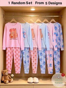 青少年女孩圓領套頭長袖長褲針織面料舒適柔軟高彈性修身家居服2件套睡衣 - 彩色 - 查看 6