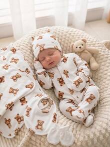 3pcs Newborn Knitted Soft Comfortable Romper With Footed Pants, Hat, Gloves, Cute Bear All-Over Print, Suitable For All Seasons, Best Gift For Newborns, Home Wear, Versatile And Fashionable - Multicolor - View 8