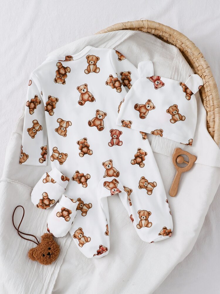 3pcs Newborn Knitted Soft Comfortable Romper With Footed Pants, Hat, Gloves, Cute Bear All-Over Print, Suitable For All Seasons, Best Gift For Newborns, Home Wear, Versatile And Fashionable - Multicolor - View 2