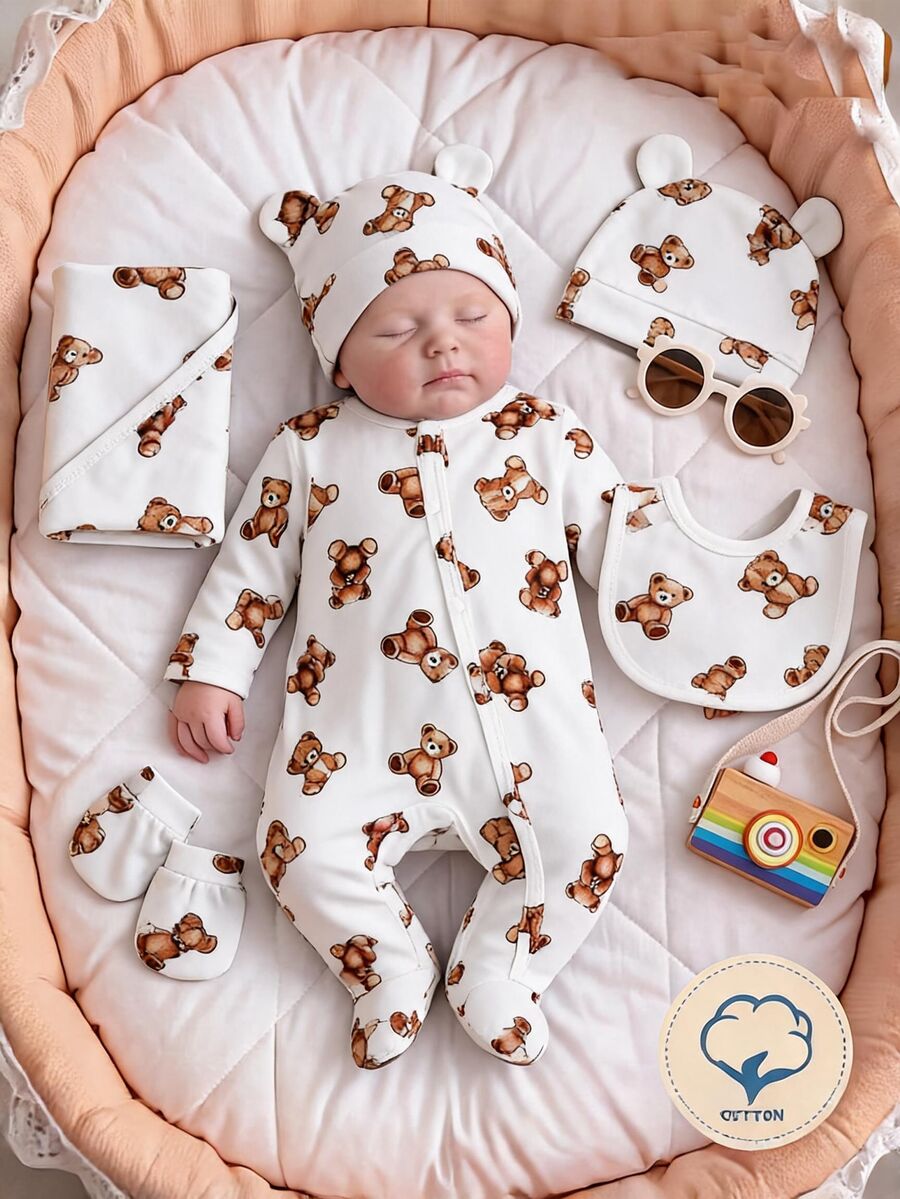 3pcs Newborn Knitted Soft Comfortable Romper With Footed Pants, Hat, Gloves, Cute Bear All-Over Print, Suitable For All Seasons, Best Gift For Newborns, Home Wear, Versatile And Fashionable - Multicolor - View 1
