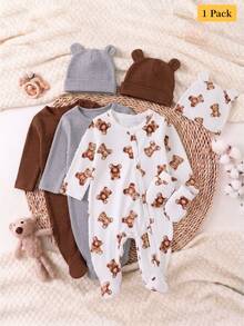 3pcs Newborn Knitted Soft Comfortable Romper With Footed Pants, Hat, Gloves, Cute Bear All-Over Print, Suitable For All Seasons, Best Gift For Newborns, Home Wear, Versatile And Fashionable - Multicolor - View 7