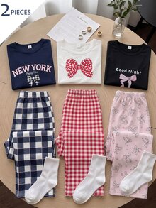 Girls' English Word & Bow Print Deep Royal Blue Ribbed Long Sleeve Top With Small Plaid Print Contrast Trim Long Pants Loungewear Set - Multicolor - View 8