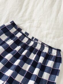 Girls' English Word & Bow Print Deep Royal Blue Ribbed Long Sleeve Top With Small Plaid Print Contrast Trim Long Pants Loungewear Set - Multicolor - View 9