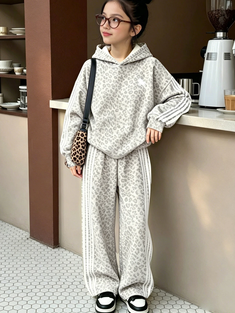 Tween Girls 1 Set Fall Leopard Print & Stripe Pattern Hoodie & Wide Leg Pants Set, Casual Grey Athleisure Outfit - Multicolor - View 1