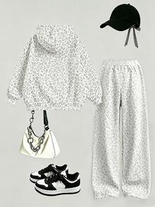 Tween Girls 1 Set Fall Leopard Print & Stripe Pattern Hoodie & Wide Leg Pants Set, Casual Grey Athleisure Outfit - Multicolor - View 2