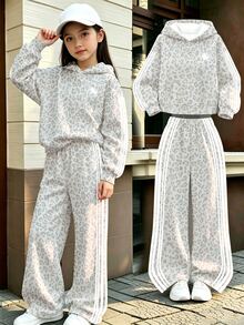 Tween Girls 1 Set Fall Leopard Print & Stripe Pattern Hoodie & Wide Leg Pants Set, Casual Grey Athleisure Outfit - Multicolor - View 3