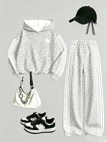 Tween Girls 1 Set Fall Leopard Print & Stripe Pattern Hoodie & Wide Leg Pants Set, Casual Grey Athleisure Outfit - Multicolor - View 4