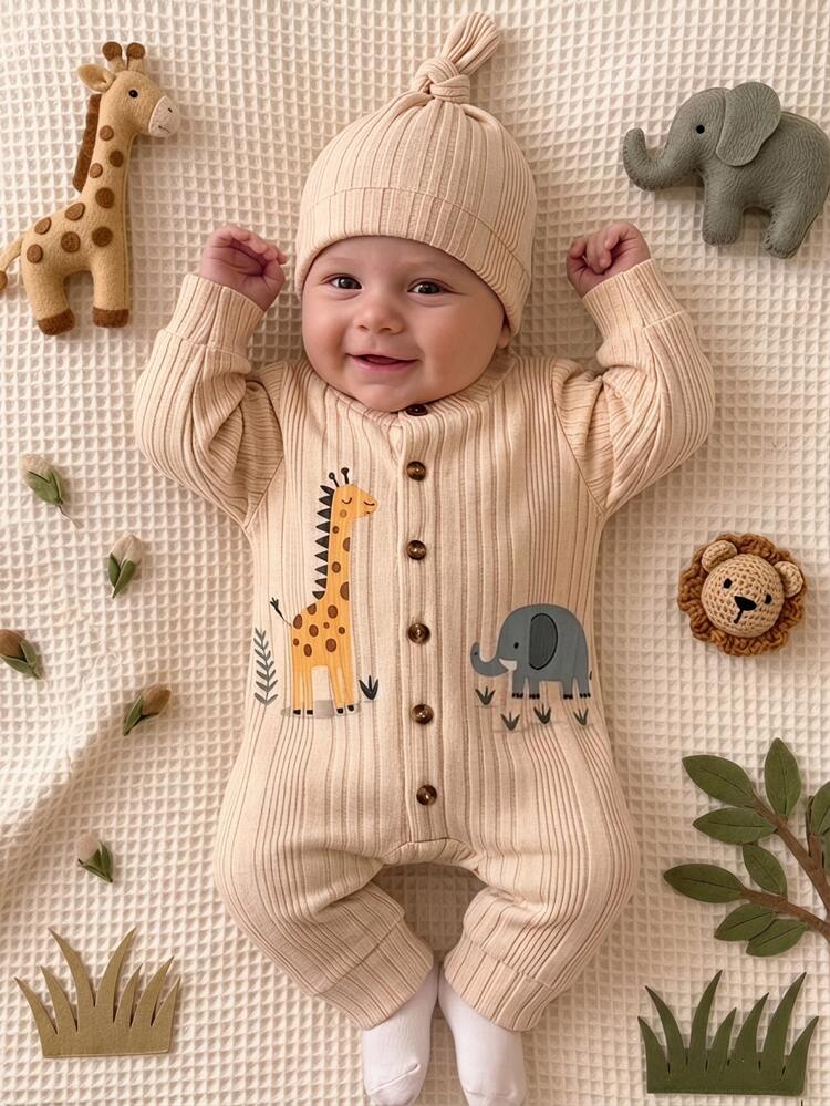 SHEIN 2pcs/Set Baby Newborn Infant Boys Autumn/Winter Cute Kawaii Animal Print Brushed Fabric Comfortable Button Front Long Sleeve Romper Jumpsuit Beige - Apricot - View 3