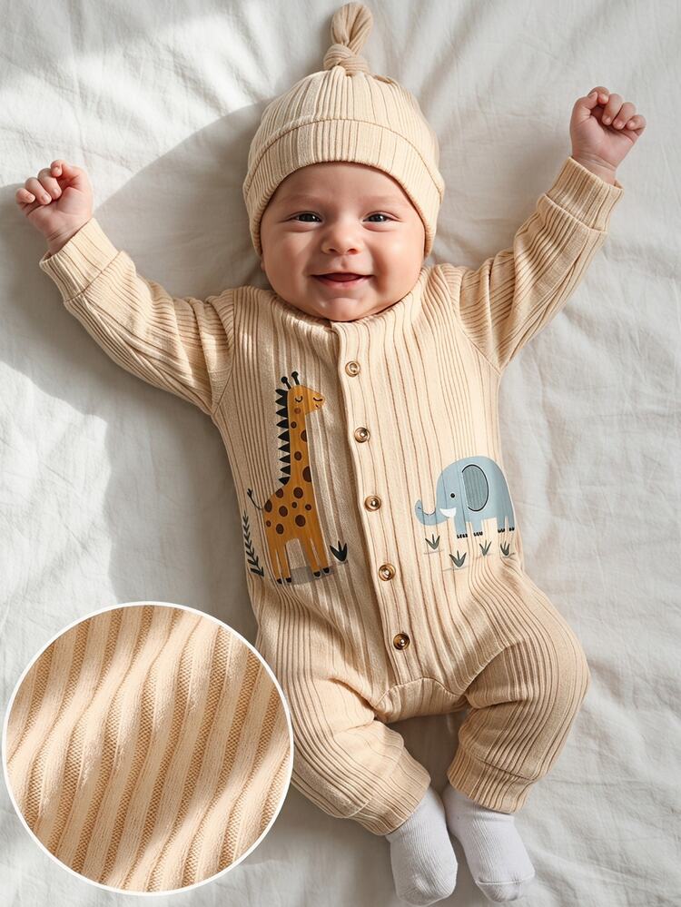 SHEIN 2pcs/Set Baby Newborn Infant Boys Autumn/Winter Cute Kawaii Animal Print Brushed Fabric Comfortable Button Front Long Sleeve Romper Jumpsuit Beige - Apricot - View 7