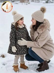 SHEIN Elladie kids 女童碎花連帽外套，雙排鈕扣門襟，中長版 A 字版型，連帽收口長袖冬季大衣，適合日常穿著 - 黑色 - 查看 7
